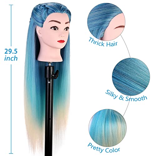 29.5 inch Mannequin Head with Hair, MYSWEETY Cosmetology Training Maniquins Head Synthetic Fiber Blue Hair Manikin Doll Head for Hair Styling Braiding Sytling with Clamp Holder + DIY Braiding Set