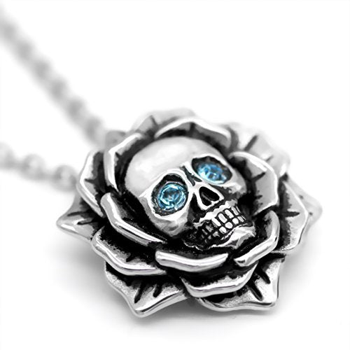 Skull Rose Birthstone Necklace With Crystal 17" - 19" Adjustable Chain (01-January - Darker Red)