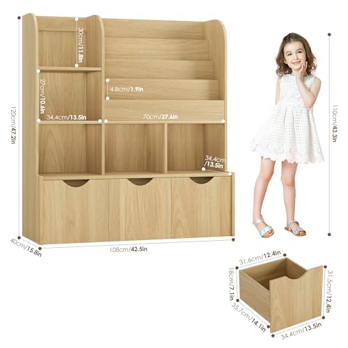 FOTOSOK 47'' Kids Bookshelf with Toy Storage, Multifunctional Bookcase with 5 Storage Cubbies and 3 Movable Drawers, Toy Storager Display Stand, Toy Organizer and Storage for Playroom,Bedroom, Natural