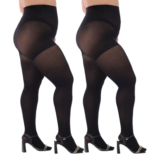 Yilanmy Women's Plus Size Pantyhose Control Top Semi Opaque Tights 70D High Waist Nylons 2 Pairs