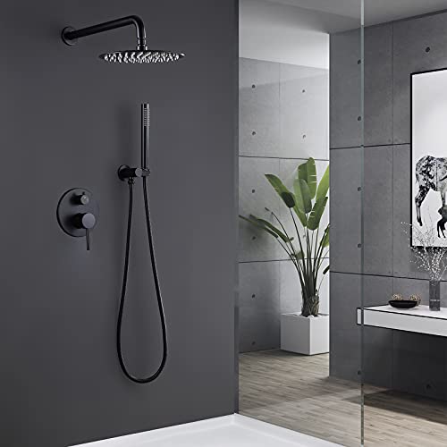 RBROHANT Matte Black Rain Shower System, Wall Mounted 10 Inches Round High Pressure Rainfall Shower Head with Handheld Shower Faucet Set, Solid Brass Rough-in Valve Included, RCS81005MB