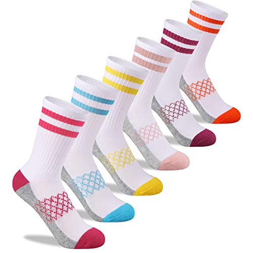 Comfoex Girls Crew Socks Athletic Half Cushioned Long Socks Cotton Calf Socks For Kids 6 Pairs