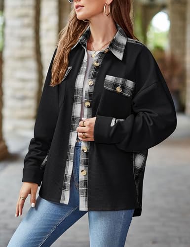 Zontroldy Women's Long Sleeve Button Down Waffle Shirt Shacket Fall Plaid Jackets with Pockets(1108-Gray-S)