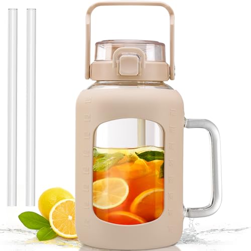 HYDRAGLAZIC 64oz Glass Water Bottle, Glass Tumblers with Straw and Handle, Cup with Silicone Sleeve, Wide Mouth Half Gallon Water Bottle with Time and Water Marker, Water Jug Amber