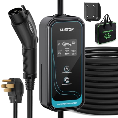 mustop EV Charger Level 1 (NEMA 5-15 /15A /110V / 25ft),EVSE Adjustable Currents 6A-16A,IP65 Waterproof Home EV Charging Station, with LCD Screen and Timing Delay for All J1772 EVs