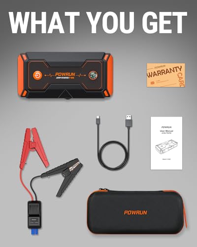 Powrun P-ONE Jump Starter, 2000A Portable Jump Box - Car Jump Starter Battery Pack for up to 8.0L Gas and 6.5L Diesel Engines, 12V Battery Jump Starter with Carry Case (Orange)