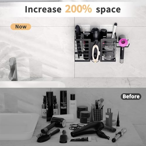 Hair Tool Organizer Hair Dryer Holder, 3 in 1 Metal Bathroom Blow Dryer Organizer Wall Mount for Flat Iron, Curling Iron, Straightener, Hair Care & Styling Tools Storage and Organizer (Black)-2pcs