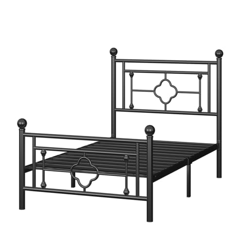 Allewie Twin Size Metal Platform Bed Frame with Victorian Vintage Headboard and Footboard/Mattress Foundation/Under Bed Storage/No Box Spring Needed/Noise-Free/Easy Assembly, Black
