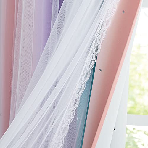 NICETOWN Star Curtains for Girls Bedroom, Mermaid Theme Nursery Decor for Girls, Kids Room/Living Room Mix & Match Sheer Attached to Star Cut Curtain Panels (Teal & Purple, 2 Pieces = W104 x L95)