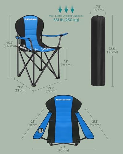 SONGMICS Folding Camping Chair, Supports 551 lb, with Comfortable Sponge Seat, Heavy Duty Structure, Cup Holder, Outdoor Picnic Chair, Blue and Black UGCB06BU