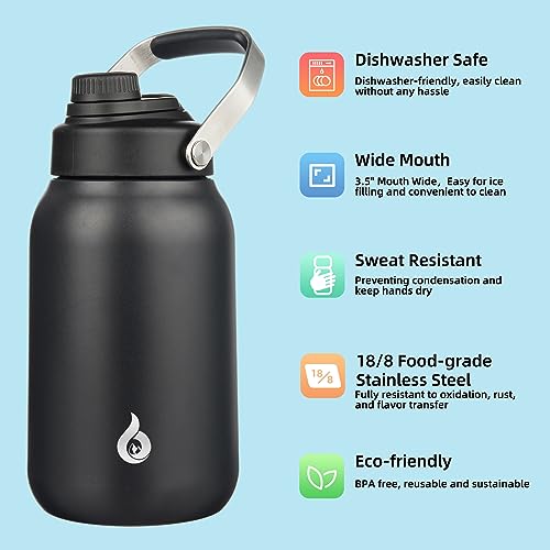 BJPKPK Half Gallon Insulated Water Bottles, 64oz Water Jug with Metal Handle & BPA Free Spout Lid, Dishwasher Safe Thermos Water Bottle, Large Stainless Steel Gym Sport Water Bottles, Black