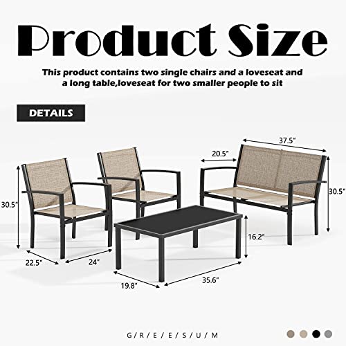Greesum 4 Pieces Patio Furniture Set, Outdoor Conversation Sets for Patio, Lawn, Garden, Poolside with A Glass Coffee Table, Beige