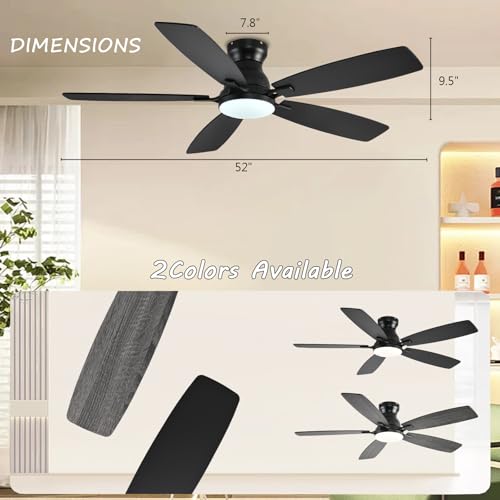 JSAITEE Ceiling Fans with Lights, 52 Inch Low Profile Ceiling Fan with Light and Remote Control, Flush Mount, DC Reversible Motor, Noiseless, Black 6 Speeds Ceiling Fan for Bedroom