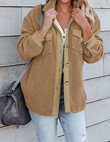 ZESICA Womens Winter Casual Sherpa Fleece Jacket Long Sleeve Button Solid Warm Fuzzy Outwear Coat Pockets,Wine,Large