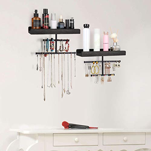Keebofly Hanging Wall Mounted Jewelry Organizer with Rustic Wood Jewelry Holder Display for Necklaces Bracelet Earrings Ring Set of 2 Black,[Patented]