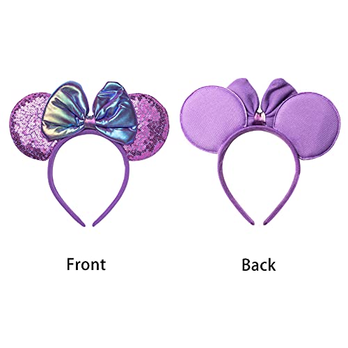 ZYTJ 2 Pcs Mouse Ears Headbands,Shiny Bows Mouse Ears Headbands for Birthday Parties, Themed Events, A Perfect Addition to Your Trip Essentials and Accessories for Women allpurple