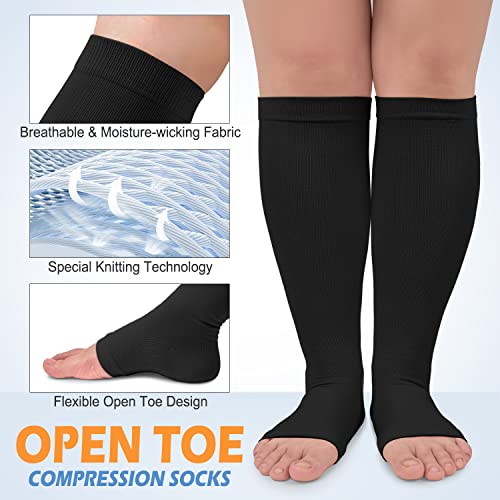 3 Pack Plus Size Open Toe Compression Socks for Women & Men Wide Calf, Toeless Knee High Stockings for Circulation Support, Black Nude Brown XX-Large