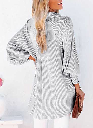 Women's Smocked Cuffed Striped Boyfriend Shirt Casual Collar Long Sleeve Button Down Blouse Tops with Pocket Shirred