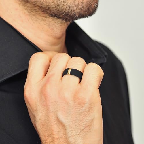 Rinfit Silicone Wedding Band Men - Classic Rounded Rubber Ring with Stainless Steel Metal Line - MetalBar Design Patent Pending - Black/Gunmetal Gray, Size 7.5-8