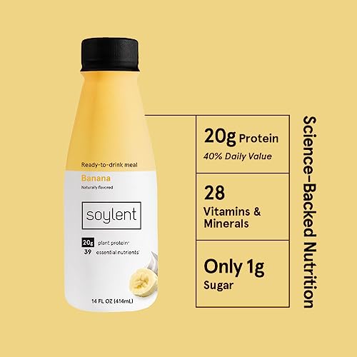 Soylent Banana Meal Replacement Shake, Ready-to-Drink Plant Based Protein Drink, Contains 20g Complete Vegan Protein and 1g Sugar, 14oz, 12 Pack