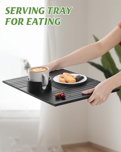 BS-VOG Couch Cup Holder, Couch Arm Tray with 360° Rotating Drink Holder, Foldable Anti-Slip Couch Arm Table, Sofa Armrest Tray Clip on Wide Couches for Eating, Snacks, Remote (Gray)