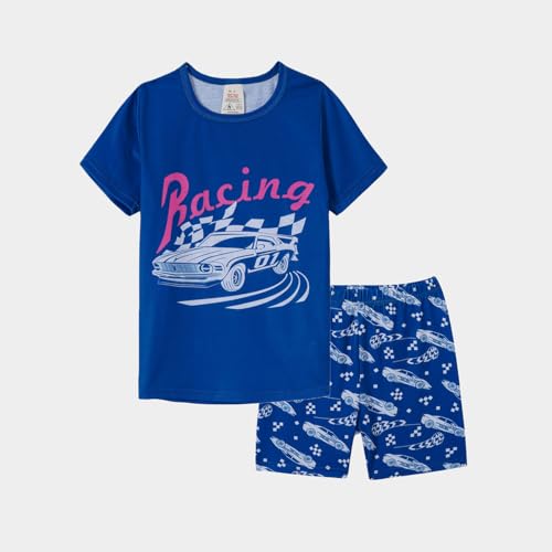 MyFav Pajamas for Boys Cute Cartoon Short Sleeve Sleepwear Snug-Fit 2 Pieces Summer PJs Sets,Navy Blue Dinosaur, 5Y