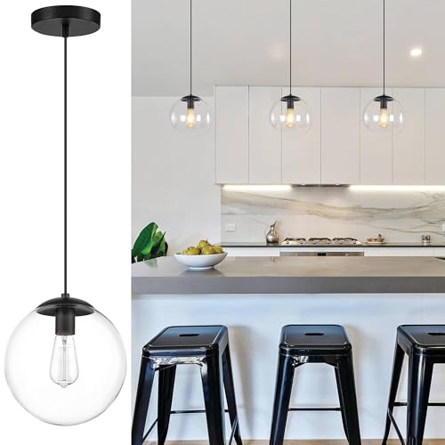 KoKo&Yukina 6-inch Mini Modern Globe Pendant Light Clear Glass with Black Finish Contemporary Mid Century Adjustable Hanging Light Fixture for Living Room Bedroom Kitchen