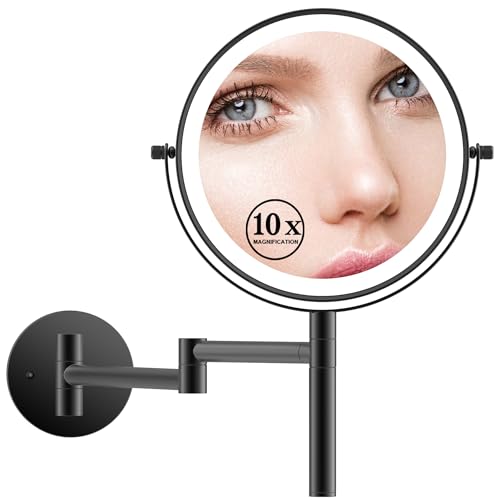 LANSI 8" Wall Mounted Makeup Mirror with Handle, 3 Color Lights Dimmable and 1X/10X Magnification, Rechargeable Bathroom Wall Mount Magnifying Mirror with Extension Arm Height Adjustable Black