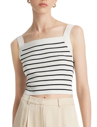 GOELIA Striped Tank Top Women Knit Sweater Vest Sleeveless Cute Ribbed Crop Top Women's Square Neck Summer Ribbed Knit Tank Top Business Casual Slim Fitted Striped Tops