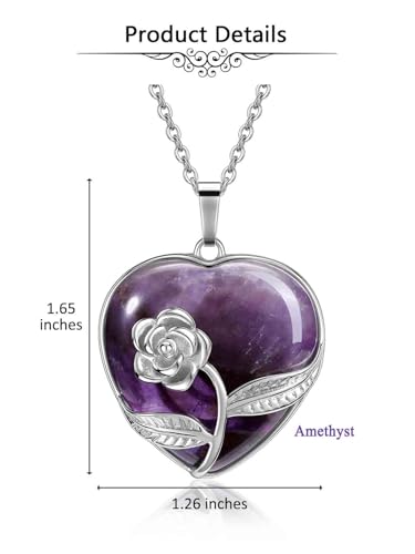 Jovivi Amethyst Crystal Heart Necklace Rose Flower Wrapped Love Heart Gemstone Healing Stone Pendant Necklaces Natural Spiritual Quartz Jewelry for Women Valentines Birthday Gifts