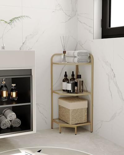 Hzuaneri Corner Shelf Stand, Glass Bookshelf Bookcase, Bathroom Organizer, Plant Stand, Steel Frame, Tempered Glass, Modern Style for Living Room, Bathroom, Kitchen, 3-Tier Golden CS90300A