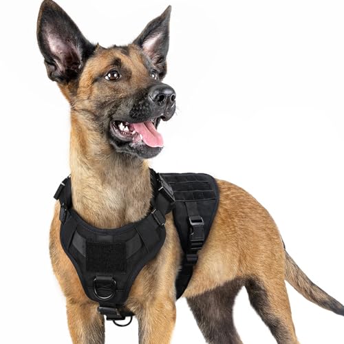 rabbitgoo Tactical Dog Harness for Large Dogs, Heavy Duty Dog Harness with Handle, No-Pull Service Dog Vest Large Breed, Adjustable Military Dog Vest Harness for Training Hunting Walking, Black, S
