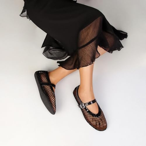 DOEYG Mesh Ballet Flats for Women Round Toe Mesh Flats Ballet Shoes Buckle Strap Mesh Mary Jane Flats Comfy Casual Office Summer Fishnet Ballerina Flats Shoes Gold