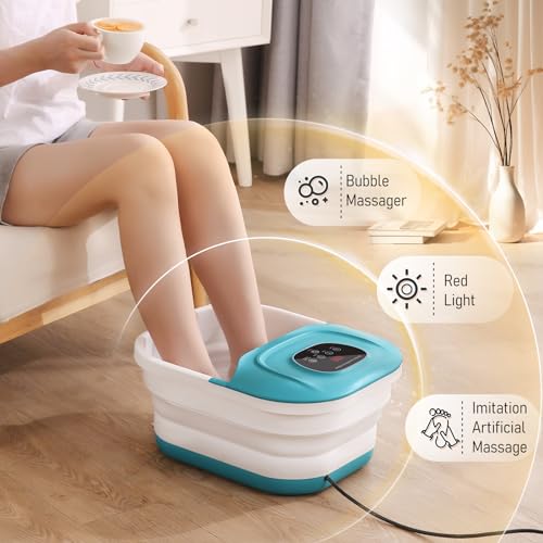 Collapsible Foot Spa with Heat, Adjustable Temperature and Timer Setting, Foot Soak Bath with Bubble, Pumice Stone, Red Light and Massage Rollers, Help Feet Stress Relief, Gifts for Women/Men