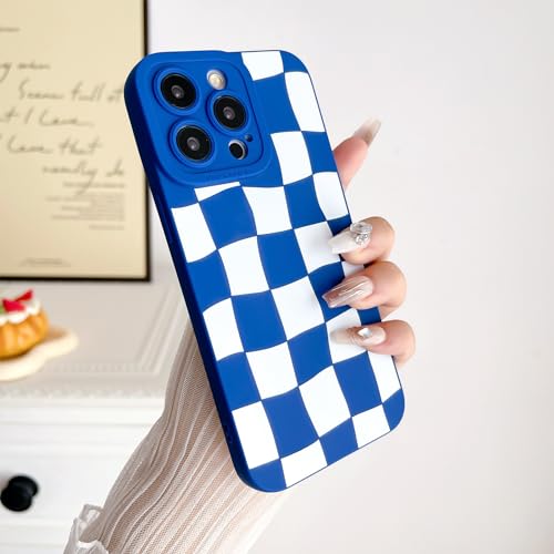 SPOBIT for iPhone 13 Pro Max Case, Aesthetic Retro Classic Grids Plaid Checkered Checkerboard Case for Women Men, Camera Protection Slim Soft Shockproof Cover Case for iPhone 13 Pro Max-Blue