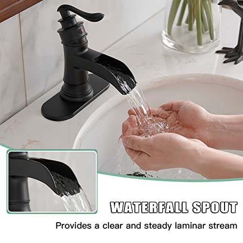 BWE Black Bathroom Faucet Matte Waterfall Sink Farmhouse Bath Vanity Single Hole Faucets One Handle Basin Antique centerset Restroom Mixer Tap Supply Line Lead-Free