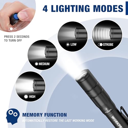 WORKPRO Rechargeable Pen Light, Mini Flashlight, 2 Pack Ultra-Compact EDC Flashlight, Pocket Flashlight with Clip, Memory Function and 2 x USB C Cable Included, Gray