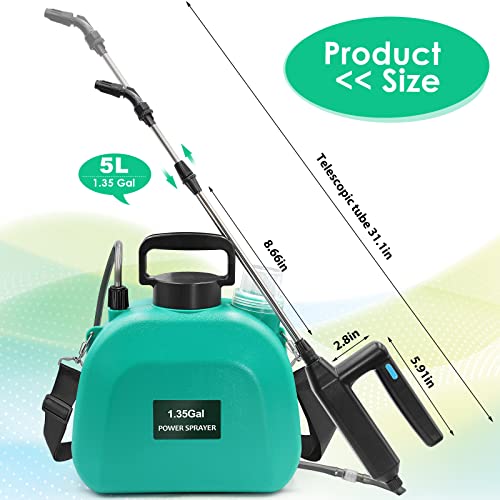 Battery Powered Sprayer 1.35Gallon, Upgrade Electric Garden Sprayer with 3 Mist Nozzles, USB Rechargeable Handle and Retractable Wand with Adjustable Shoulder Strap for Lawn,Garden,Cleaning