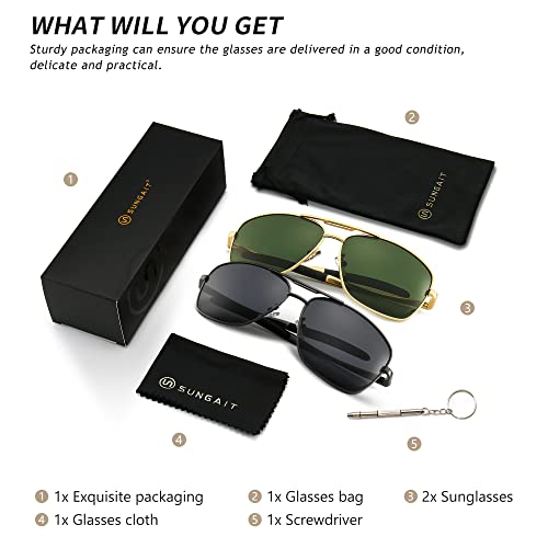 SUNGAIT Men's Polarized Sunglasses Durable Metal Frame for Fishing Driving Golf (Gold/Dark Green + Gunmetal/Gray) SGT925JKML-QKH