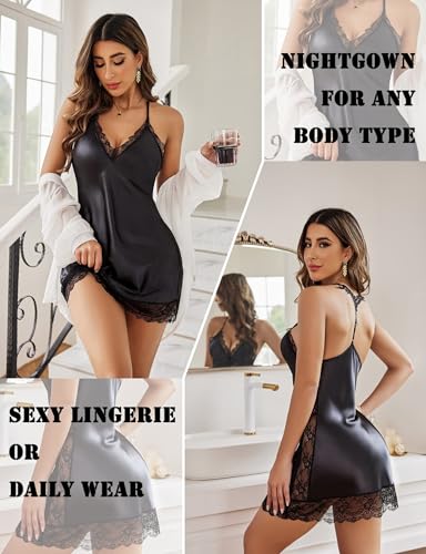 Avidlove Women Lingerie Satin Lace Chemise Nightgown Sexy Full Slips Sleepwear Army Green Medium