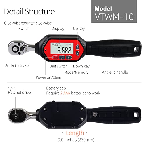VPOER Digital Torque Wrench 1/4-inch Drive, 0.22-7.37 ft-lbs (0.3-10 Nm) (2.65-88.5 inch pound) with Buzzer & LED, Calibrated