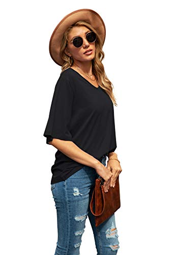 SUEANI Women's Summer V-Neck 3/4 Bell Sleeve Loose Shirt Casual Basic Top(Medium, VG Cerise)