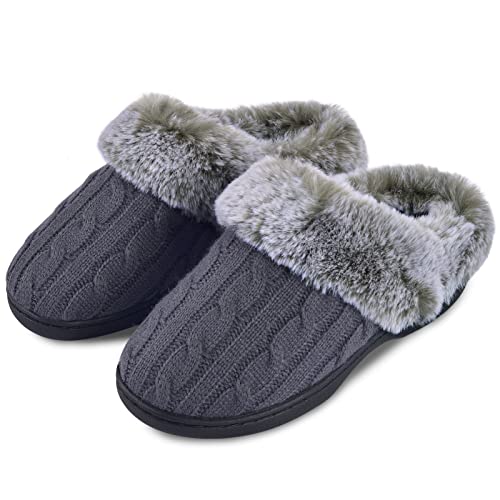 Parlovable Women's Fuzzy House Slippers Warm Soft Memory Foam Bedroom Shoes Slip on Cable Knit Rubber Sole Indoor Grey 7-8