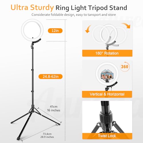 Aureday 12'' Selfie Ring Light with 62'' Tripod Stand and Magnetic Phone Holder, LED Ringlight for Recording/TikTok/Makeup/Photography, Circle Fill Light with Wireless Remote for iPhone&Android Phones