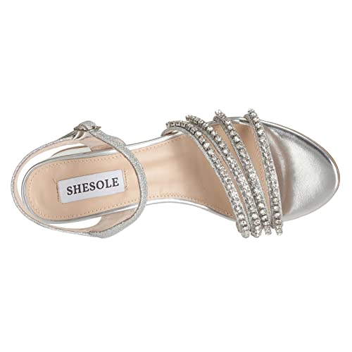 SheSole Women's Strappy Open Toe Rhinestone Low Block Chunky Heels Sandals Silver Sandals Wedding Party Dress Shoes for Women Silver US 6