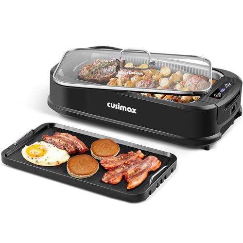 CUSIMAX Indoor Grill, Electric Smokeless Grill, 1500W Korean BBQ Grill, Electric Grill Griddle with LED Smart Display & Tempered Glass Lid, Non-stick Removable Grill Plate & Griddle Plate, Black