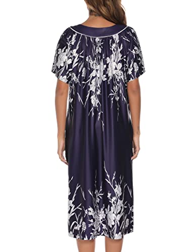 YOZLY House Dress for Women Short Sleeve House Coat Mumu Duster Robe with Pockets, Navy, Large