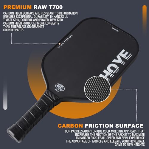 Aihoye PRO Pickleball Paddles- Raw T700 Carbon Fiber Textured Surface (CFS) with High Grit & Spin, Pickleball Paddles with 16MM Polypropylene Honeycomb Core, USAPA Approved