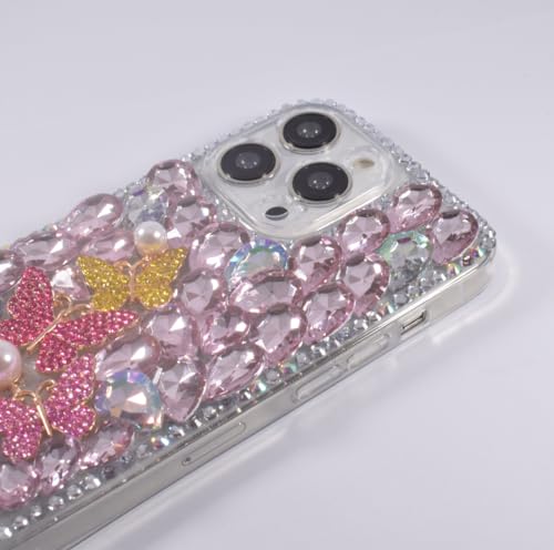 Poowear for iPhone 14 Pro Max Bling Diamond Case with Flower Strap,Luxury Bling Diamond Rhinestone Gemstone 3D Butterfly and Rose Flower Gemstone Cover Case for Women Girls