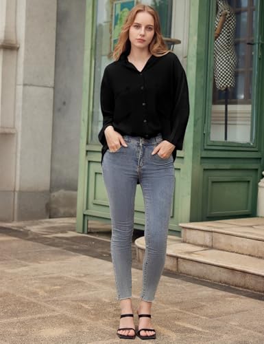 Yimoon Womens Denim Shirt Chambray Blue Button Down Jean Shirt Denim Tops Soft Tencel Casual 3/4 Sleeve Jacket(Black-S)